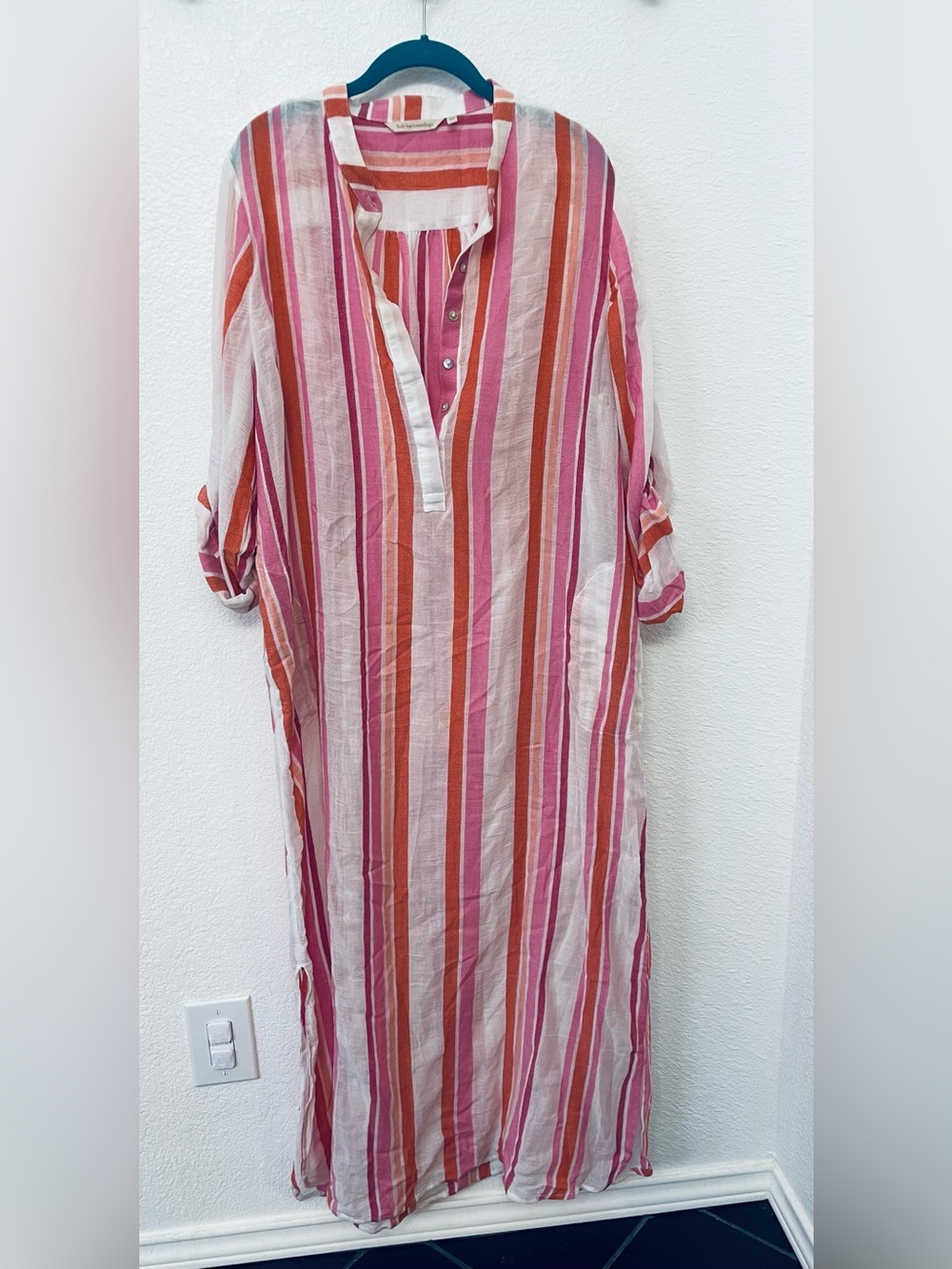 Soft Surroundings Pink & Orange Striped Button-Front Casual dress